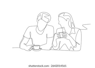 A couple having dinner. Couple Anniversaries concept one-line drawing