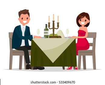 Couple having dinner by candlelight. Man and woman sitting at the table. Vector illustration in flat style
