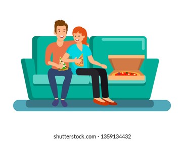 Couple Having Dinner at Home Vector Illustration. Peperoni, Margarita in Cardboard Box on Coach. Boyfriend and Girlfriend Eating Delicious Pizza. Happy Man and Woman Flat Characters Hugging