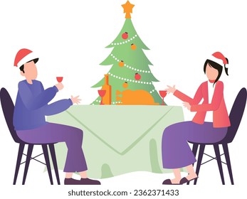 Una pareja está cenando en Navidad.