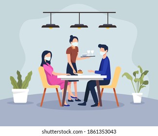 Pareja cenando en un restaurante con protocolos de salud. Nueva escena normal en el restaurante, Hombres y mujeres en el café o restaurante. Camarero con máscara médica y cliente. Vector de estilo plano