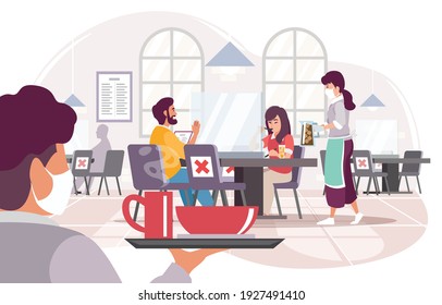 Pareja cenando en un restaurante con protocolos de salud. Nueva escena normal en el restaurante, Hombres y mujeres en el café o restaurante. Camarero con máscara médica y cliente. Vector de estilo plano