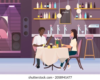 Couple having dinner in restaurant, lovers of different races have lunch. concept of multiculturalism and diversity, flat vector image