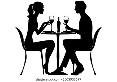 Couple Having Dinner Silhouette, Couple sitting in a restaurant, Romantic Dining Vector Silhouette.