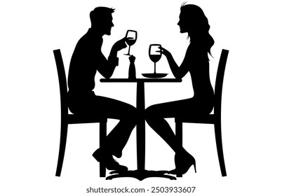 Couple Having Dinner Silhouette, Couple sitting in a restaurant, Romantic Dining Vector Silhouette.