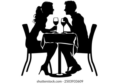 Couple Having Dinner Silhouette, Couple sitting in a restaurant, Romantic Dining Vector Silhouette.