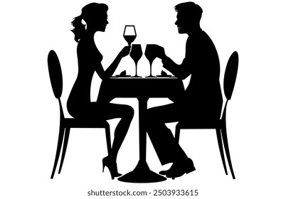 Couple Having Dinner Silhouette, Couple sitting in a restaurant, Romantic Dining Vector Silhouette.