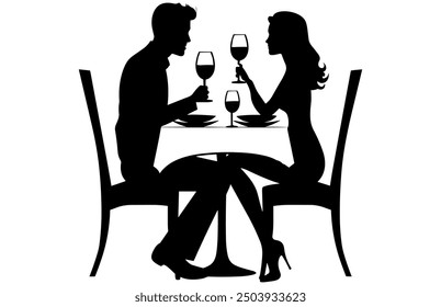 Couple Having Dinner Silhouette, Couple sitting in a restaurant, Romantic Dining Vector Silhouette.