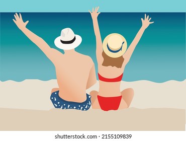 Couple is having fun against the sunset beach. Beach vacation concept. Summer time