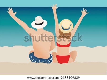 Couple is having fun against the sunset beach. Beach vacation concept. Summer time