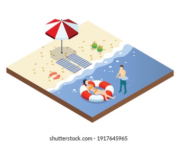 Couple having fun at beach isometric 3d vector concept for banner, website, illustration, landing page, flyer, etc.