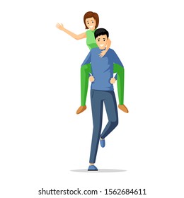 Couple having fun flat vector illustration. Playful young man and woman spend time together cartoon characters. Boyfriend carrying girlfriend, piggyback ride, romantic relationship, friendship