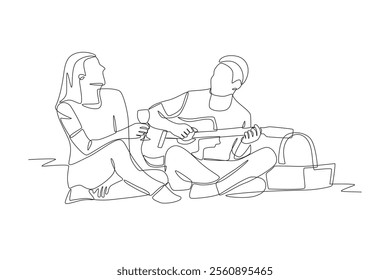 A couple having fun on a picnic. Picnicking outdoors concept one-line drawing