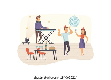 Couple having fun at party scene. Man and woman dancing, drinking wine. DJ plays music at mixing panel. Celebration event of holiday concept. Vector illustration of people characters in flat design