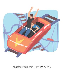 Couple Having Fun in Roller Coaster, Top View of Excited Young People Riding Small Red Fast Open Car in Amusement Park Cartoon Style Vector Illustration