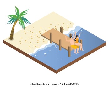 Couple having fun sitting on jetty isometric 3d vector concept for banner, website, illustration, landing page, flyer, etc.