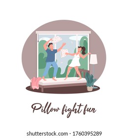 Couple having fun social media post mockup. Pillow fight phrase. Friends recreation. Web banner design template. Booster, content layout with inscription. Poster, print ads and flat illustration