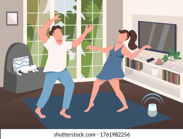 Pareja divertiéndose juntos la ilustración vectorial de color plano. Las actividades recreativas de ocio en pareja en casa. Novio y novia bailando personajes de dibujos animados en 2D con el interior de la sala de estar en segundo plano