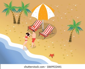 Couple having a good time at beach isometric 3d vector concept for banner, website, illustration, landing page, flyer, etc.