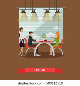 Couple having lunch in restaurant concept vector illustration. 