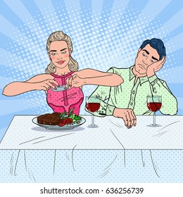 Couple Having Lunch in Restaurant. Woman Taking Photo of Food. Pop Art vector illustration