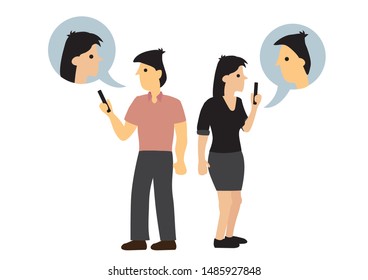 Couple having an online conversation even they are next to each other. Concept of casual conversation. Flat isolated vector illustration.