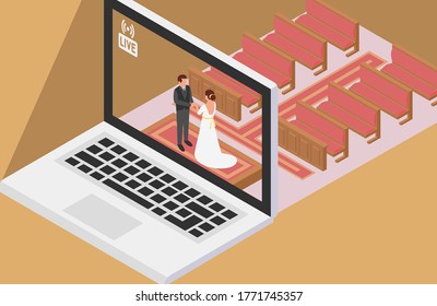 A couple having online wedding ceremony at church and show it live via online