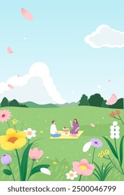 A couple is having a picnic in a flowering garden