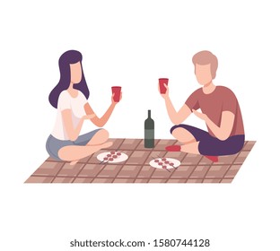 Couple Having Picnic in the Park, Man and Woman Characters Drinking Wine and Relaxing on Nature Flat Vector Illustration