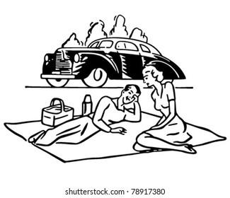 Couple Having Picnic - Retro Clipart Illustration