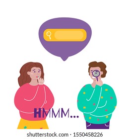 Couple having a question. Young man and woman thinking about the solution a problem. People characters and speech bubble with search sign on white background. Vector illustration.