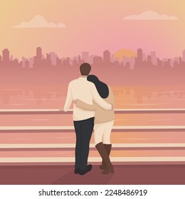 Couple having romantic date back view vector flat illustration. Man and woman hugging standing on waterfront admiring city at sunset. Boyfriend and girlfriend relaxing together on embankment