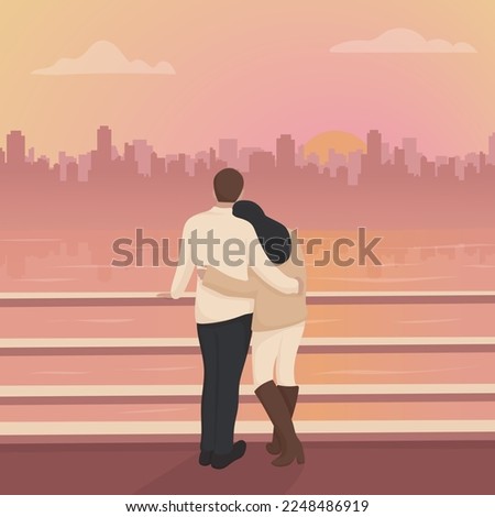 Couple having romantic date back view vector flat illustration. Man and woman hugging standing on waterfront admiring city at sunset. Boyfriend and girlfriend relaxing together on embankment