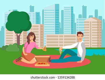 Couple Having Romantic Date on Nature Illustration. Cartoon Girlfriend and Boyfriend Sitting near Lake. Wife and Husband Eating Pizza on Picnic. Man and Woman Chatting, Talking in Park