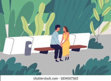 Couple having romantic date at summer park vector flat illustration. Enamored man and woman sitting on bench at garden surrounded by plants. Two lovers holding hands spending time outdoor together