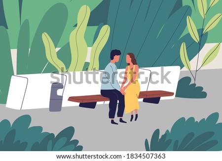 Couple having romantic date at summer park vector flat illustration. Enamored man and woman sitting on bench at garden surrounded by plants. Two lovers holding hands spending time outdoor together