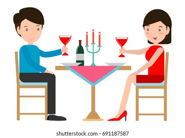 Couple Having  Romantic Dinner By Candlelight, Couple Having Dinner In A Restaurant, Man And Woman Sitting At The Table On White Background. Vector Illustration