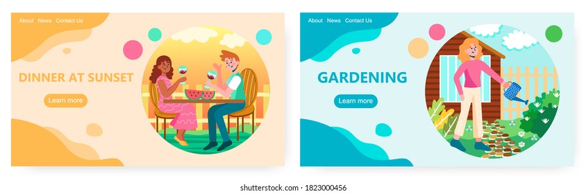Couple having romantic dinner and drinking wine on sunset. Love and date concept illustration. Vector web site design template. Woman watering flowers in the garden outside house