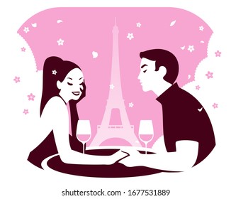 A couple having romantic dinner with glasses of wine in Paris, with a view of the Eiffel Tower, vector illustration.