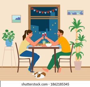 Couple Having Romantic Dinner At Home. Man And Woman Sitting At Table With Snacks Clinking Glasses Of Wine Near Window With Night City. Vector Illustration.