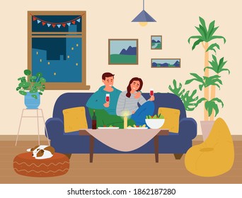 Couple Having Romantic Dinner At Home. Man And Woman Sitting At Table With Snacks On The Couch Holding Glass Of Wine. Vector Illustration.