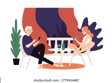 Pareja cena romántica en el balcón de la cafetería durante las vacaciones de verano vectorial ilustración plana. Un hombre sonriente fotografiando a una mujer posando con una vinoteca usa un smartphone aislado. Fiesta nocturna