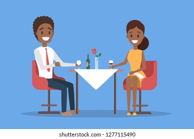 Couple having romantic dinner in restaurant. People on date drink wine. Valentine day celebration. Isolated flat vector illustration