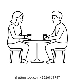 Couple having romantic dinner at restaurant. Line art vector illustration silhouette