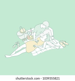 The couple is having a romantic time on the mat. hand drawn style vector doodle design illustrations. The couple is having a romantic time on the mat. hand drawn style vector doodle design illustrations.