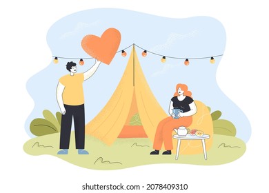 Couple having romantic trip in country to relax. Picnic holiday with accommodation in romantic tourist forest tent flat vector illustration. Glamping, camping, outdoor activity, leisure concept