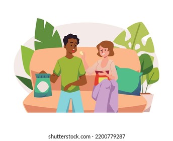 Couple having a snack at home sitting at coach, flat cartoon vector illustration isolated on white background. Fast snack and easy light meal at home.