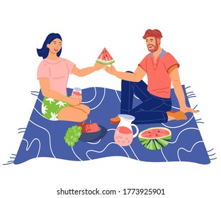 Couple having a summer picnic together, flat isolated vector illustration. A man and a woman sit on a plaid and treat each other on a picnic. People eat in nature.