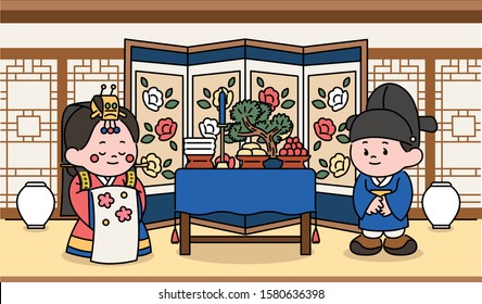 A couple having a traditional wedding in Korean traditional wedding dress. Korean background with food table. hand drawn style vector design illustrations. 