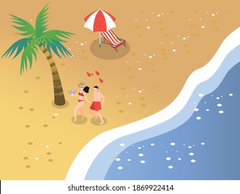 Couple having a walk at beach isometric 3d vector concept for banner, website, illustration, landing page, flyer, etc.